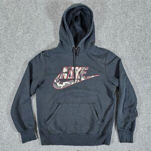 Y2K Gray Tag Nike Swoosh Graphic Pullover Hoodie Black Men's Size M Stained‎
